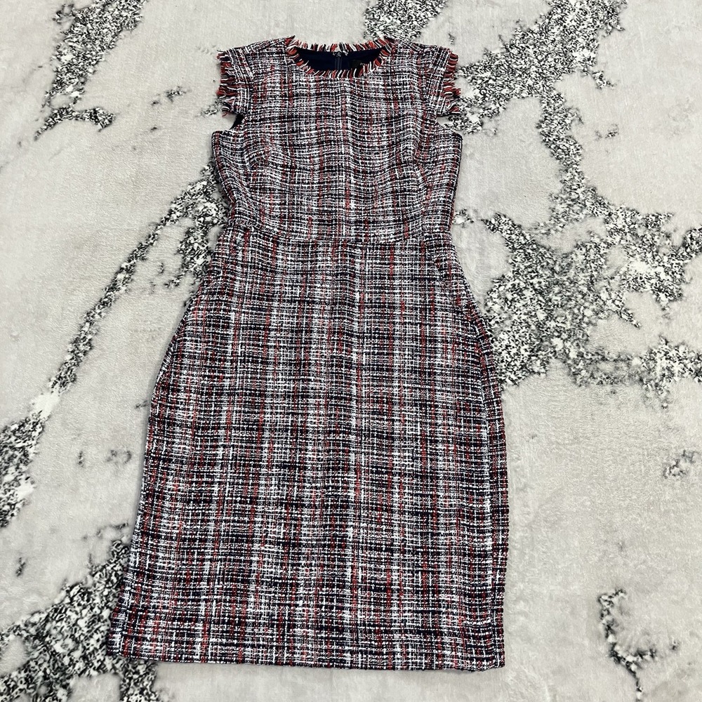 J.Crew Womens Size 0 Tweed Sheath Dress Red Navy White Plaid Fringe Trim